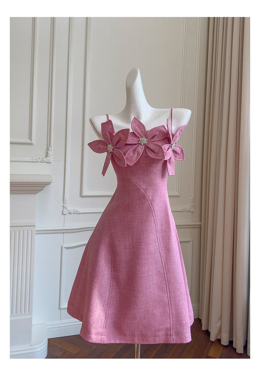 Vestido corto rosa de satén con tirantes finos y corte en A, con estampado floral, para regreso a casa, para verano, para escuela secundaria, octavo grado, DH87