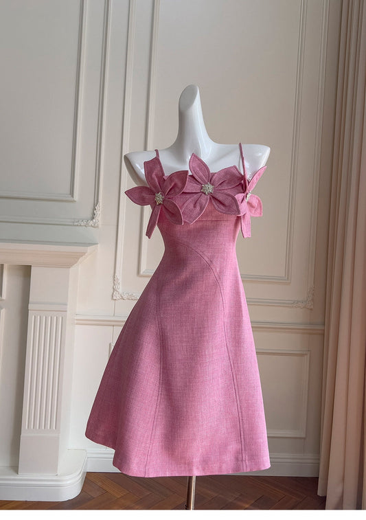 Vestido corto rosa de satén con tirantes finos y corte en A, con estampado floral, para regreso a casa, para verano, para escuela secundaria, octavo grado, DH87
