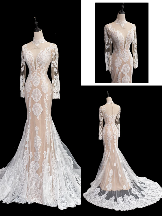 Vestido de novia atemporal de corte sirena, cuello alto, encaje, mangas largas, elegante, DH880