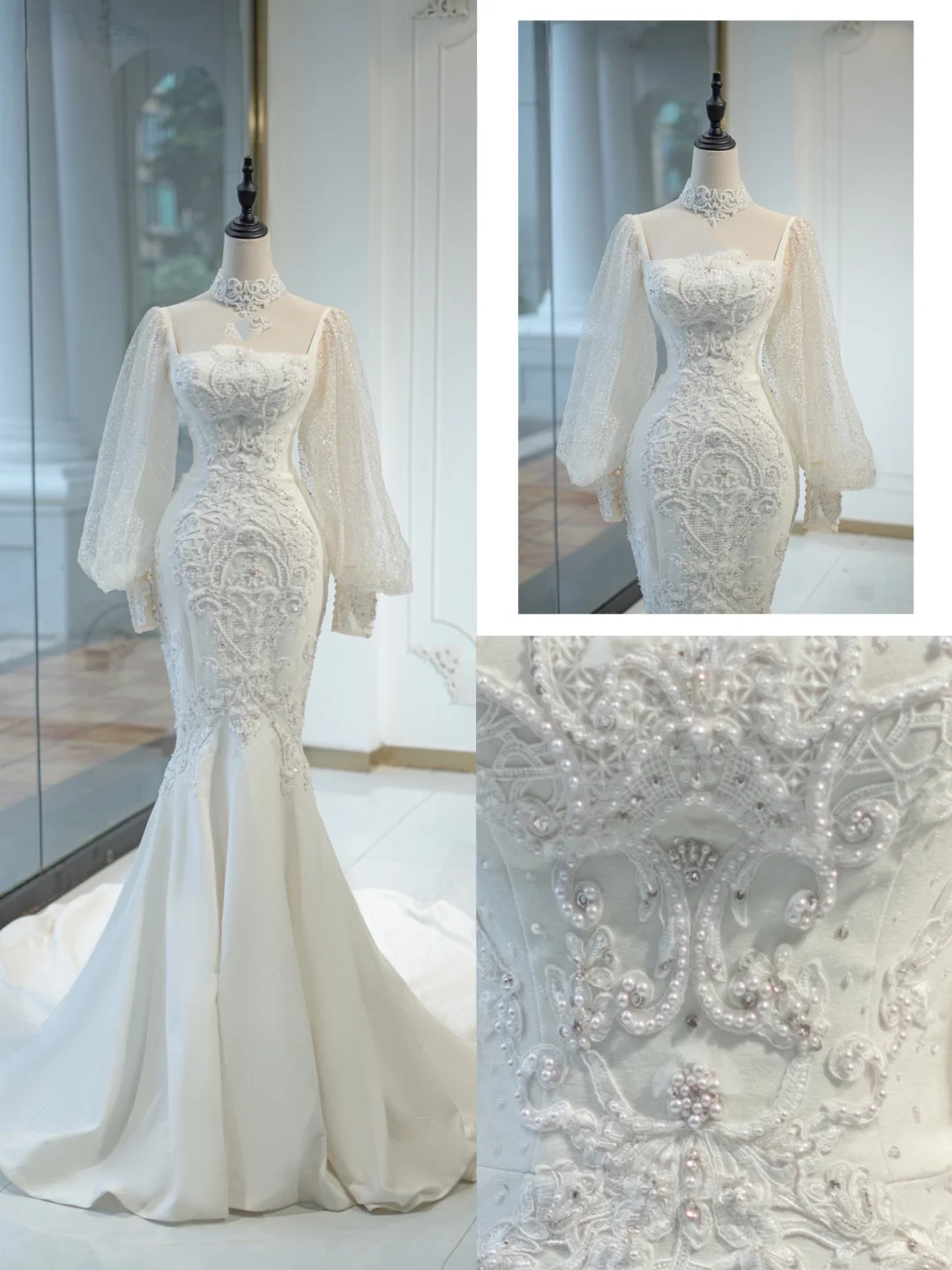 Vestido de novia atemporal de corte sirena, escote cuadrado, tul, mangas largas, elegante, DH881