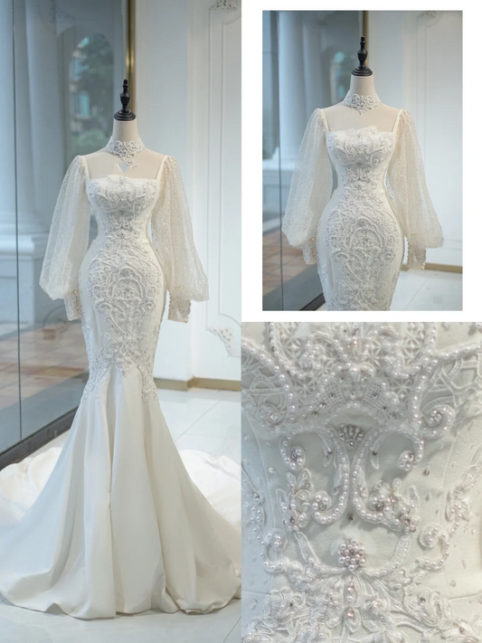 Vestido de novia atemporal de corte sirena, escote cuadrado, tul, mangas largas, elegante, DH881