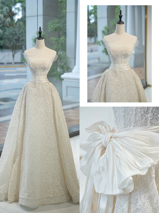Vestido de novia atemporal, vestido de baile, sin tirantes, de encaje, largo, blanco, elegante, DH882