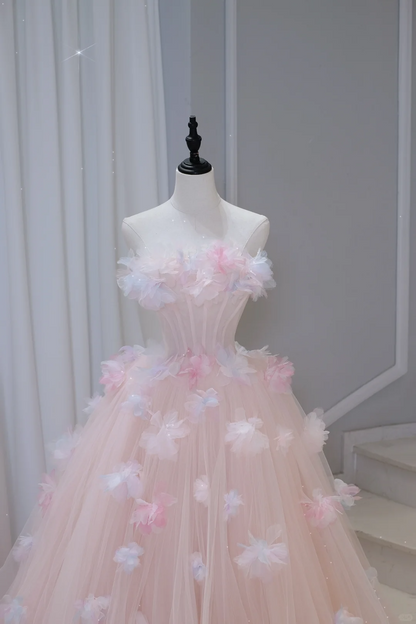 Hermoso vestido de quinceañera largo de tul rosa con hombros descubiertos, vestido formal de 15 años, vestido de dulces 16 DH884