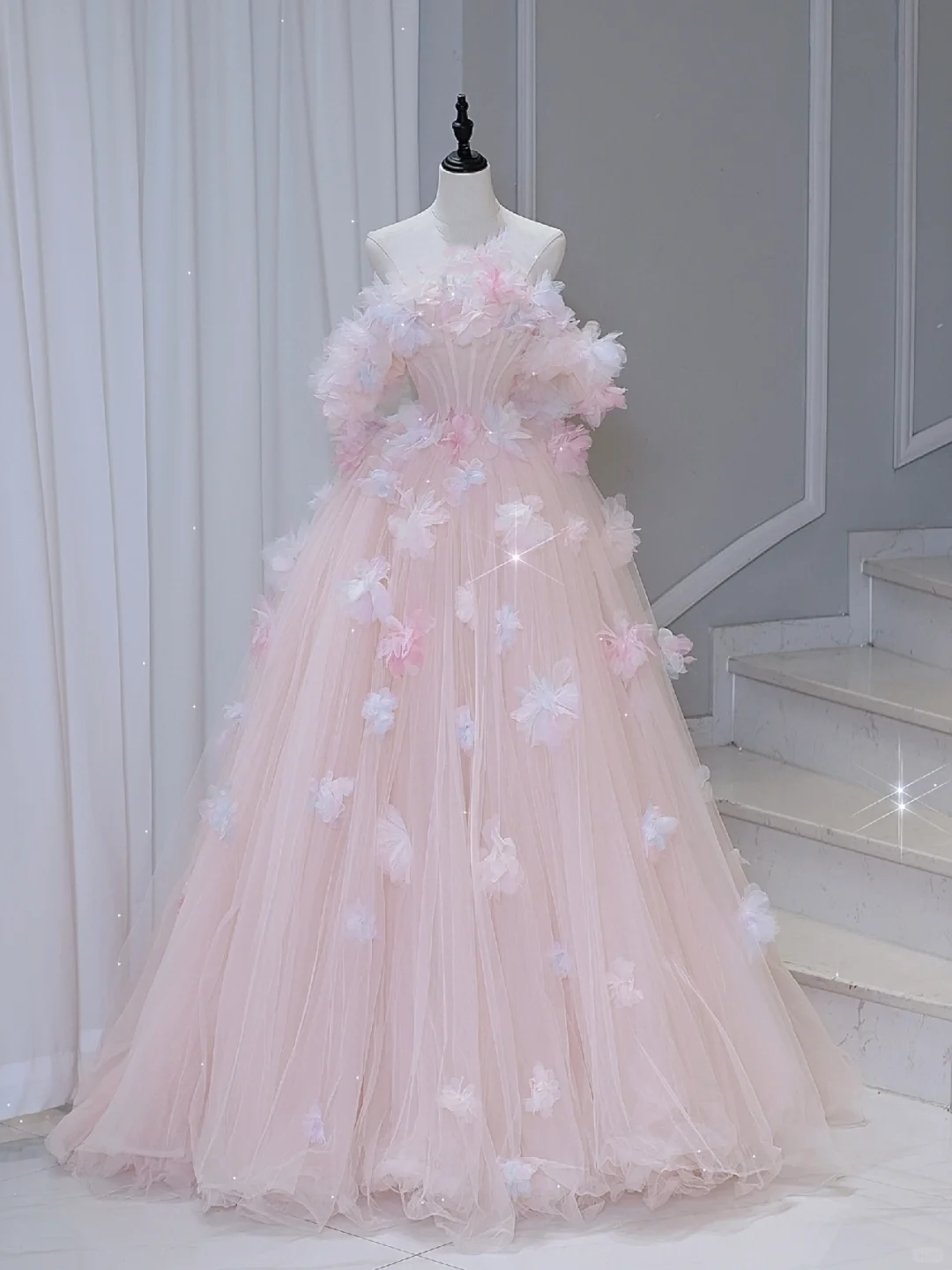 Hermoso vestido de quinceañera largo de tul rosa con hombros descubiertos, vestido formal de 15 años, vestido de dulces 16 DH884