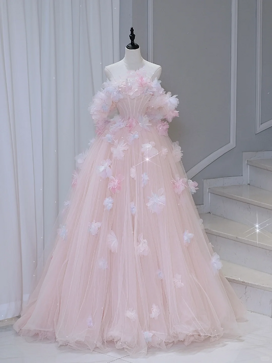 Hermoso vestido de quinceañera largo de tul rosa con hombros descubiertos, vestido formal de 15 años, vestido de dulces 16 DH884
