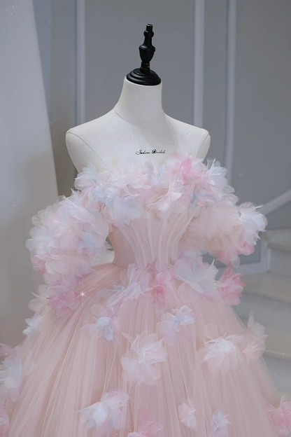 Hermoso vestido de quinceañera largo de tul rosa con hombros descubiertos, vestido formal de 15 años, vestido de dulces 16 DH884