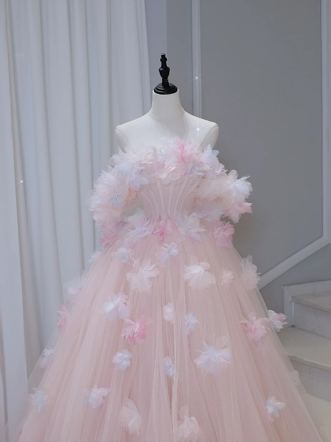 Hermoso vestido de quinceañera largo de tul rosa con hombros descubiertos, vestido formal de 15 años, vestido de dulces 16 DH884