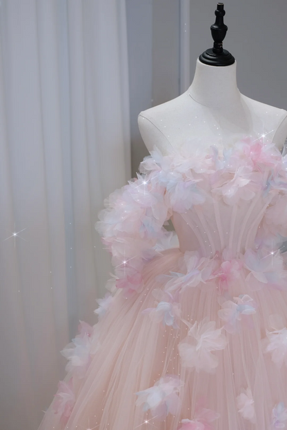 Hermoso vestido de quinceañera largo de tul rosa con hombros descubiertos, vestido formal de 15 años, vestido de dulces 16 DH884