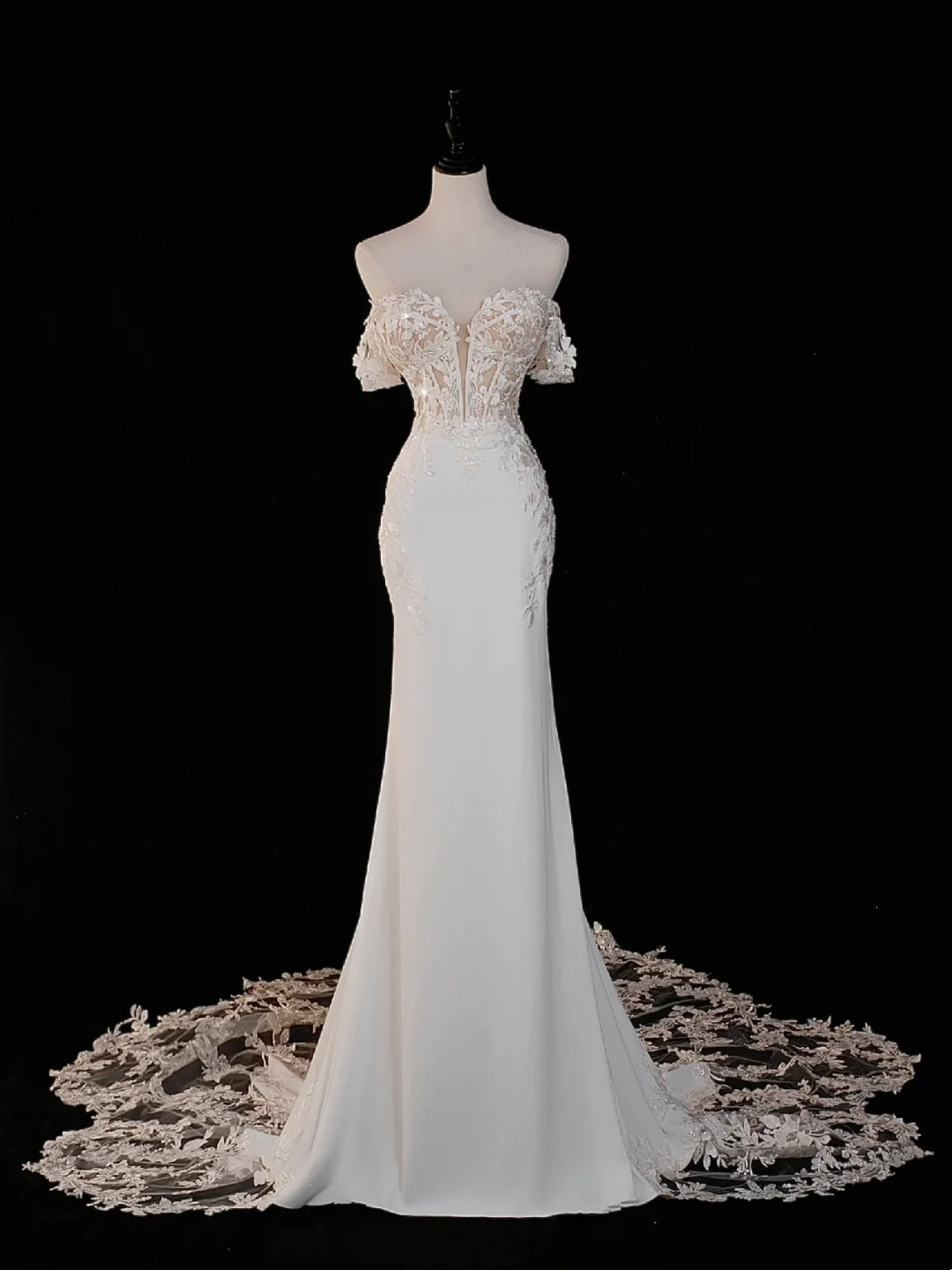 Vestido de novia atemporal de corte sirena con hombros descubiertos, satén, mangas cortas, elegante, DH885