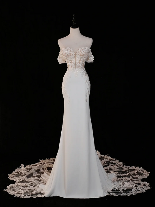 Vestido de novia atemporal de corte sirena con hombros descubiertos, satén, mangas cortas, elegante, DH885