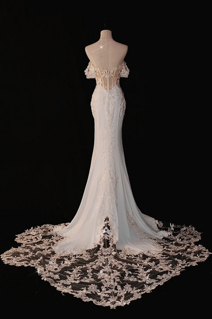 Vestido de novia atemporal de corte sirena con hombros descubiertos, satén, mangas cortas, elegante, DH885