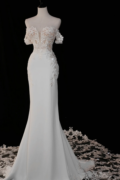Vestido de novia atemporal de corte sirena con hombros descubiertos, satén, mangas cortas, elegante, DH885