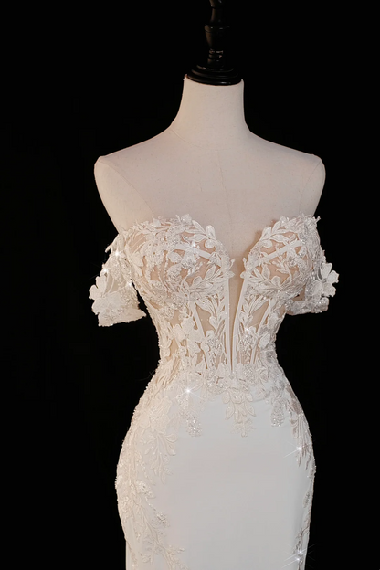 Vestido de novia atemporal de corte sirena con hombros descubiertos, satén, mangas cortas, elegante, DH885