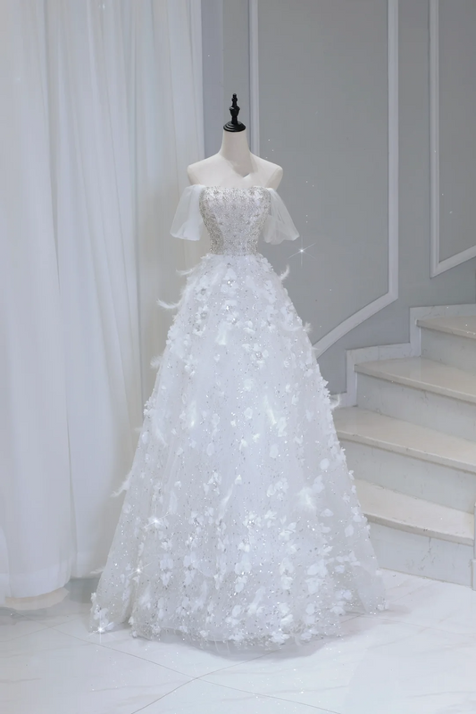 Vestido de novia atemporal, vestido de fiesta, sin tirantes, con lentejuelas, sin mangas, largo, blanco, elegante, DH886