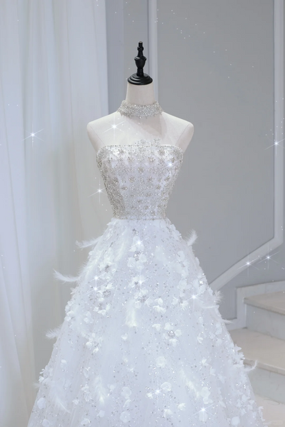 Vestido de novia atemporal, vestido de fiesta, sin tirantes, con lentejuelas, sin mangas, largo, blanco, elegante, DH886