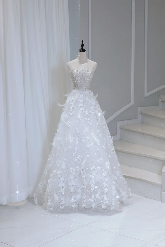 Vestido de novia atemporal, vestido de fiesta, sin tirantes, con lentejuelas, sin mangas, largo, blanco, elegante, DH886