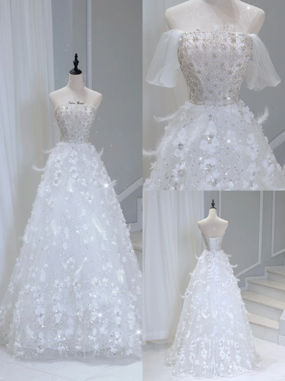 Vestido de novia atemporal, vestido de fiesta, sin tirantes, con lentejuelas, sin mangas, largo, blanco, elegante, DH886