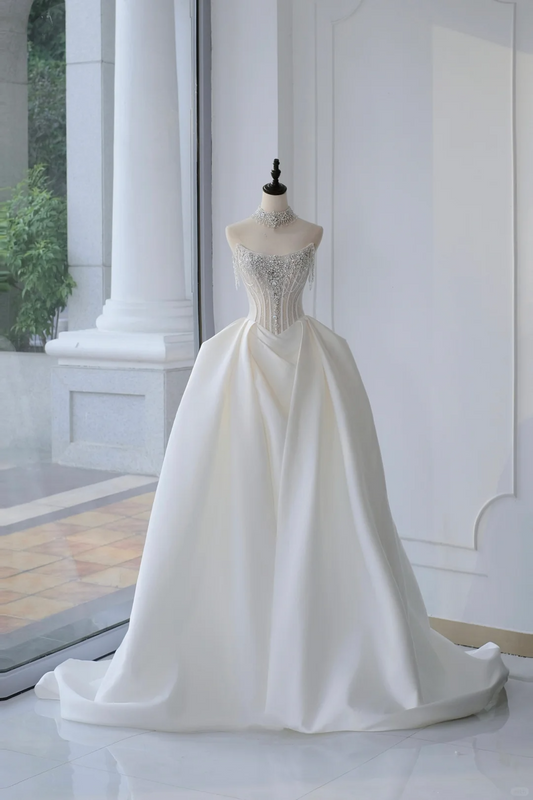 Vestido de novia atemporal, vestido de fiesta sin tirantes, satén, cuentas plateadas, sin mangas, largo, blanco, elegante, DH888