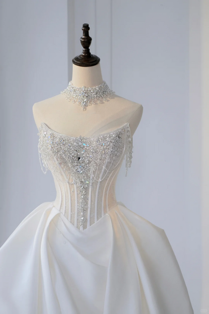 Timeless Bridal Gown Ball Gown Strapless Satin Silver Beads Sleeveless Long White Wedding Dresses Elegant Bridal Gowns DH888