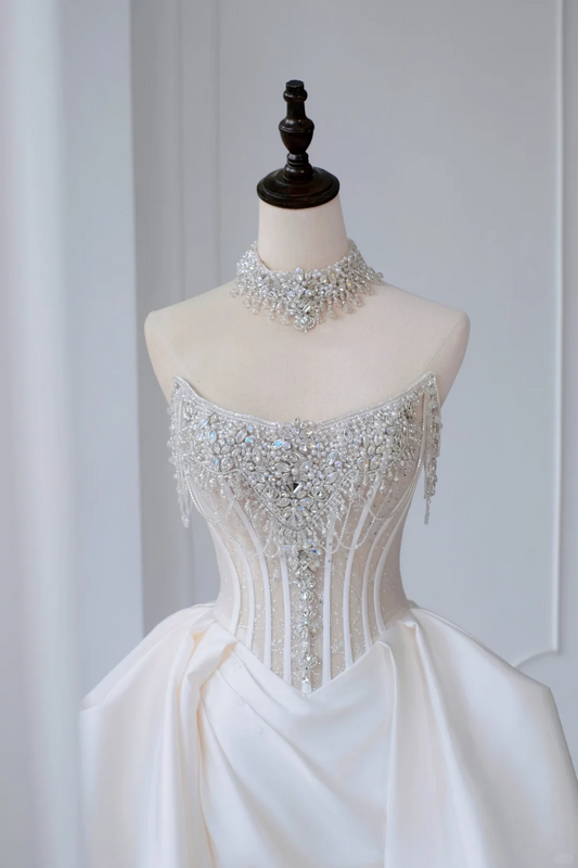 Vestido de novia atemporal, vestido de fiesta sin tirantes, satén, cuentas plateadas, sin mangas, largo, blanco, elegante, DH888