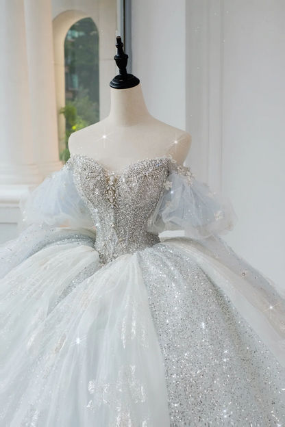 Vestido de novia atemporal, vestido de fiesta con hombros descubiertos, azul cielo claro, lentejuelas, largo blanco, vestidos de novia elegantes DH889