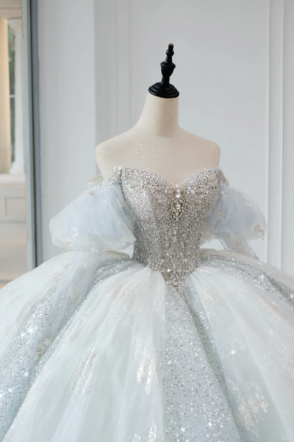 Vestido de novia atemporal, vestido de fiesta con hombros descubiertos, azul cielo claro, lentejuelas, largo blanco, vestidos de novia elegantes DH889