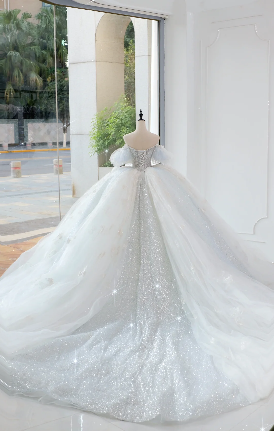 Vestido de novia atemporal, vestido de fiesta con hombros descubiertos, azul cielo claro, lentejuelas, largo blanco, vestidos de novia elegantes DH889