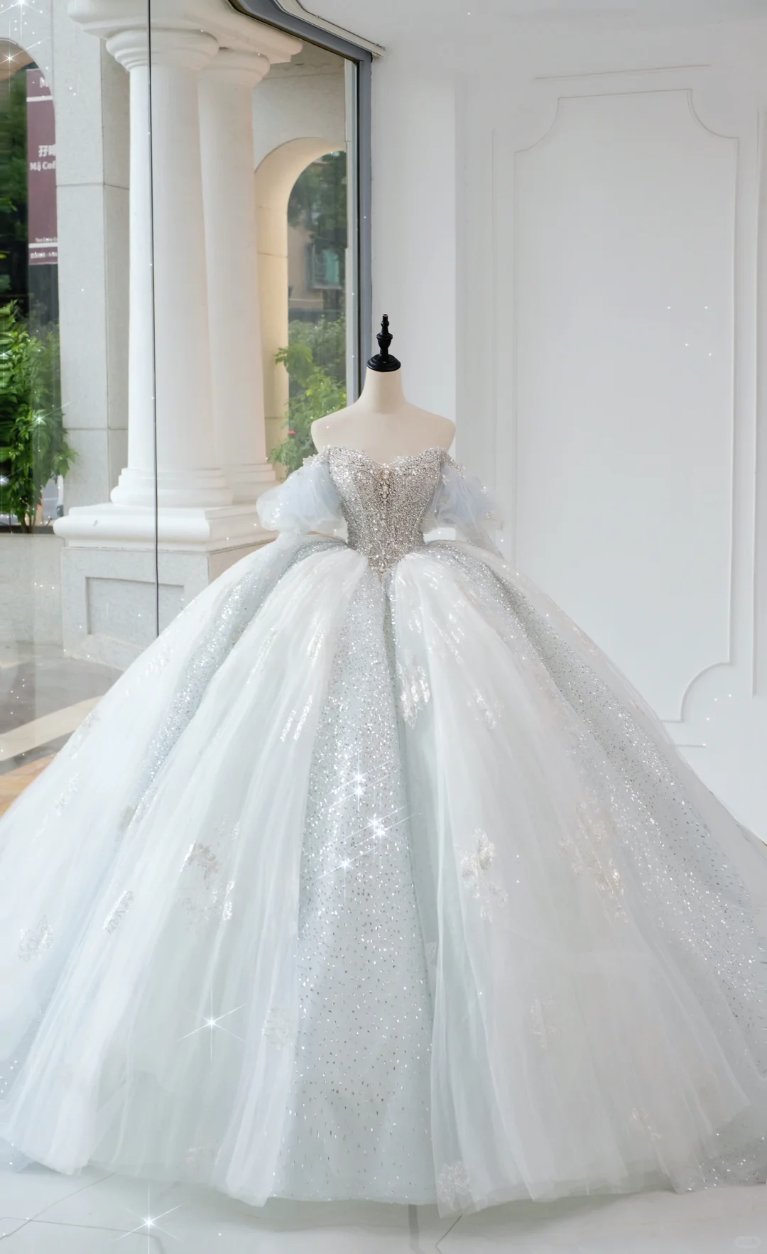 Vestido de novia atemporal, vestido de fiesta con hombros descubiertos, azul cielo claro, lentejuelas, largo blanco, vestidos de novia elegantes DH889