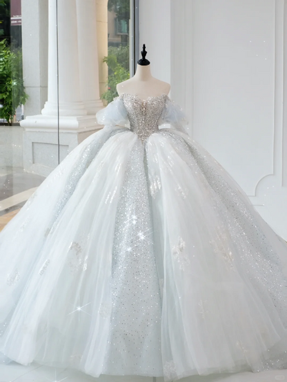Vestido de novia atemporal, vestido de fiesta con hombros descubiertos, azul cielo claro, lentejuelas, largo blanco, vestidos de novia elegantes DH889