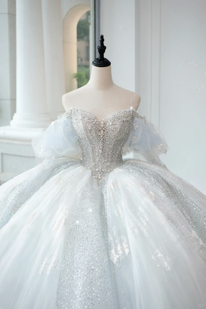 Vestido de novia atemporal, vestido de fiesta con hombros descubiertos, azul cielo claro, lentejuelas, largo blanco, vestidos de novia elegantes DH889