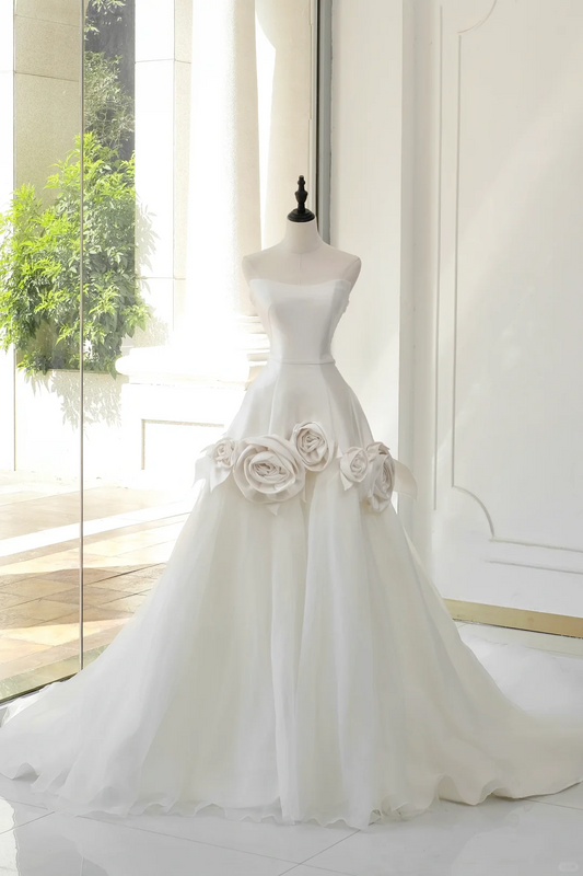 Vestido de novia atemporal, vestido de baile, sin tirantes, satén, flores, sin mangas, largo, blanco, elegante, DH890