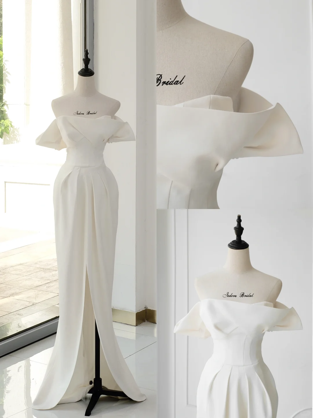 Vestido de novia atemporal, corte tubo, hombros descubiertos, satén, mangas cortas, elegante, DH891