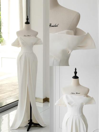 Vestido de novia atemporal, corte tubo, hombros descubiertos, satén, mangas cortas, elegante, DH891