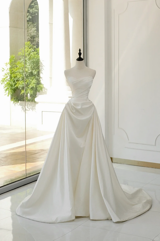 Vestido de novia atemporal, vestido de baile, sin tirantes, de satén, plisado, sin mangas, largo, blanco, elegante, DH893