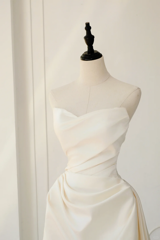 Vestido de novia atemporal, vestido de baile, sin tirantes, de satén, plisado, sin mangas, largo, blanco, elegante, DH893