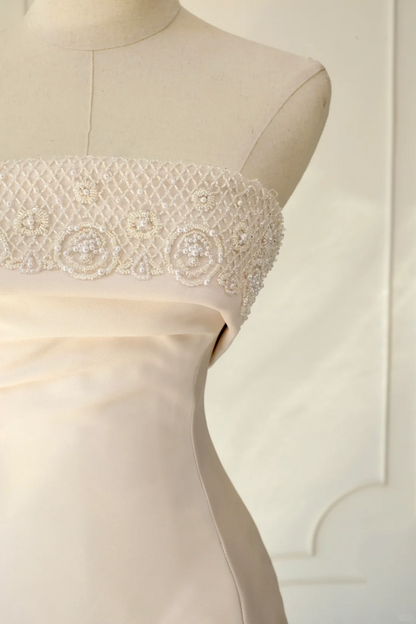 Vestido de novia clásico de sirena, sin tirantes, sin mangas, de satén, largo, rosa claro, elegante, DH894