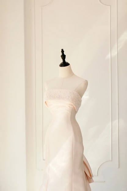Vestido de novia clásico de sirena, sin tirantes, sin mangas, de satén, largo, rosa claro, elegante, DH894