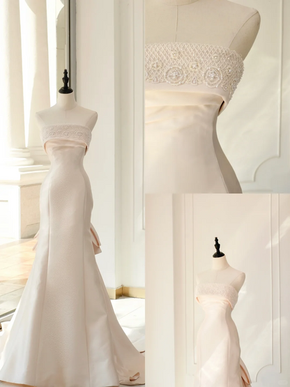 Vestido de novia clásico de sirena, sin tirantes, sin mangas, de satén, largo, rosa claro, elegante, DH894