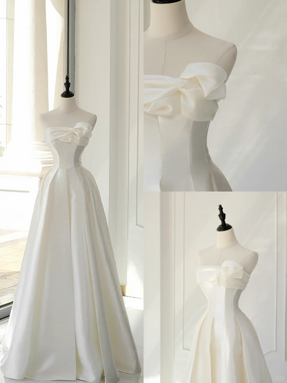 Vestido de novia atemporal, corte A, sin tirantes, de satén blanco, elegante, DH895
