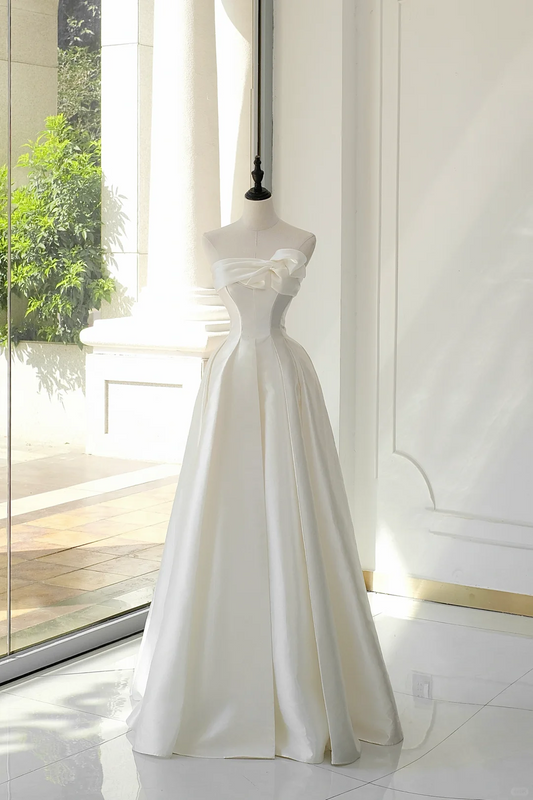 Vestido de novia atemporal, corte A, sin tirantes, de satén blanco, elegante, DH895