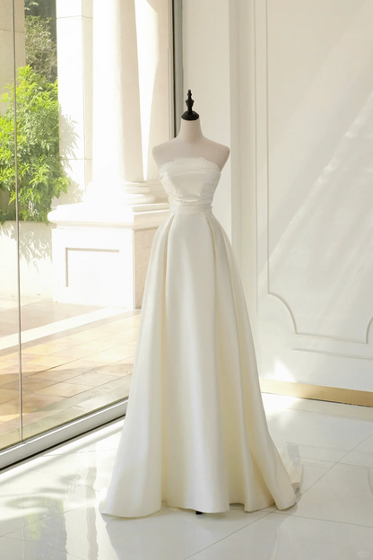 Vestido de novia atemporal, corte A, sin tirantes, de satén blanco, elegante, DH896