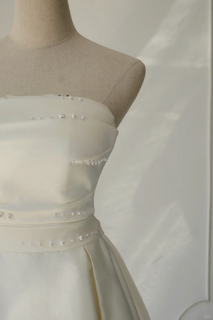 Vestido de novia atemporal, corte A, sin tirantes, de satén blanco, elegante, DH896
