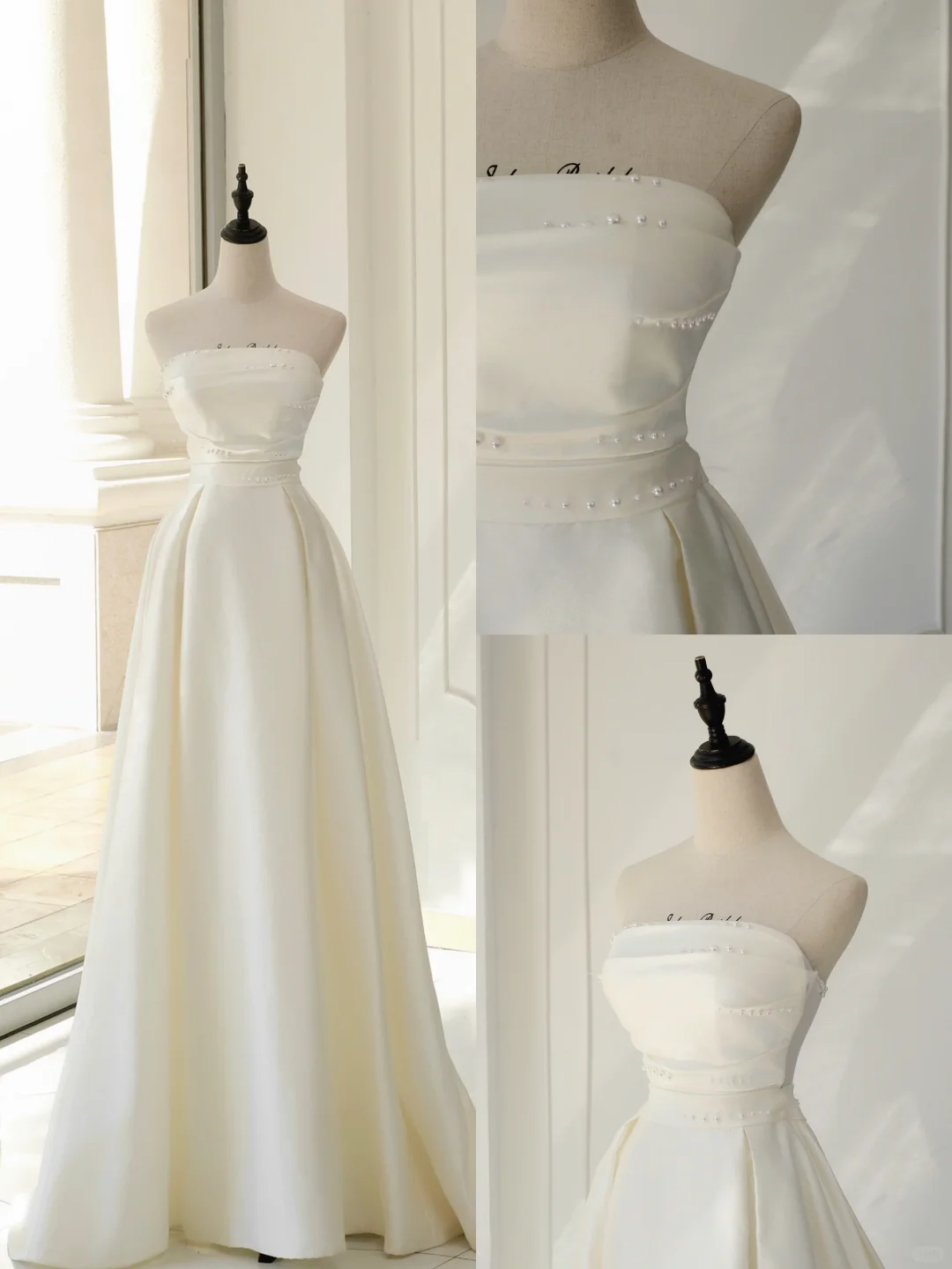 Vestido de novia atemporal, corte A, sin tirantes, de satén blanco, elegante, DH896