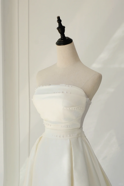Vestido de novia atemporal, corte A, sin tirantes, de satén blanco, elegante, DH896