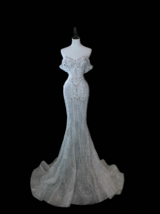Vestido de novia atemporal de corte sirena con hombros descubiertos y mangas casquillo con lentejuelas plateadas, vestidos de novia largos y elegantes DH897