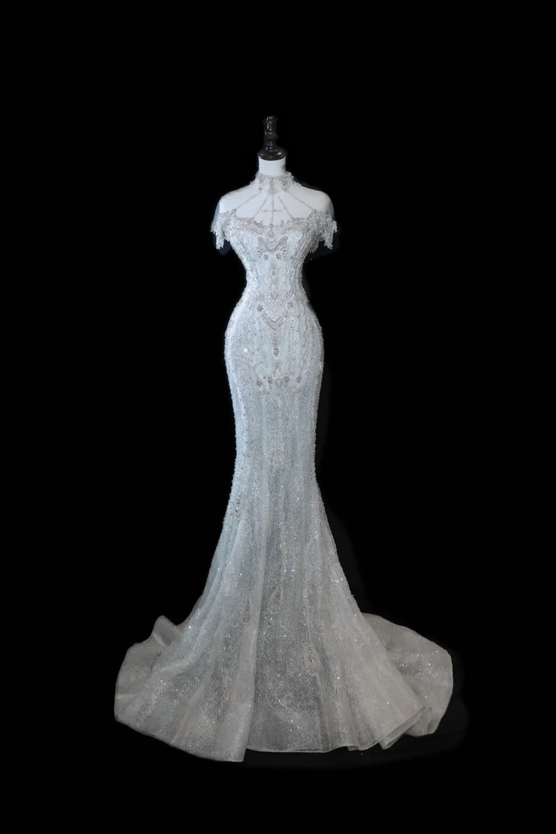 Vestido de novia atemporal de corte sirena con hombros descubiertos y mangas casquillo con lentejuelas plateadas, vestidos de novia largos y elegantes DH897