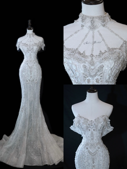 Vestido de novia atemporal de corte sirena con hombros descubiertos y mangas casquillo con lentejuelas plateadas, vestidos de novia largos y elegantes DH897