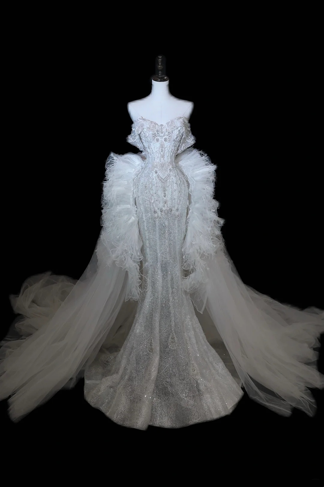 Vestido de novia atemporal de corte sirena con hombros descubiertos y mangas casquillo con lentejuelas plateadas, vestidos de novia largos y elegantes DH897