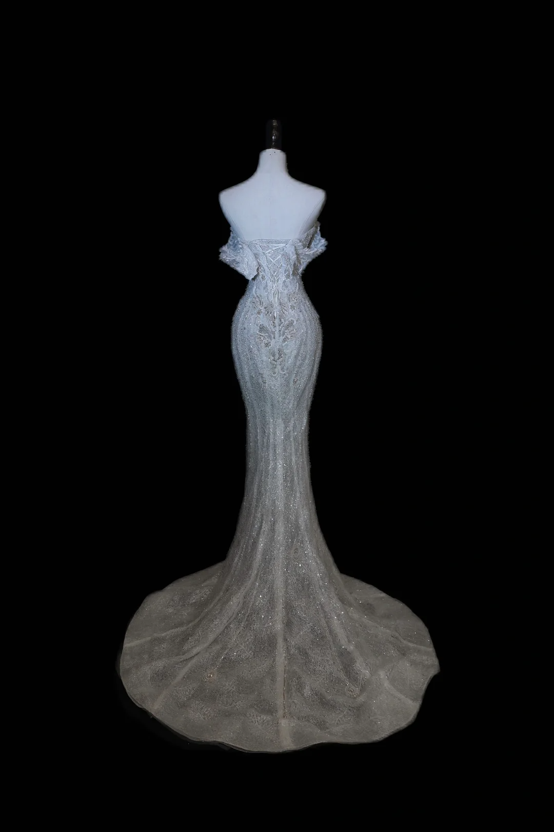 Vestido de novia atemporal de corte sirena con hombros descubiertos y mangas casquillo con lentejuelas plateadas, vestidos de novia largos y elegantes DH897