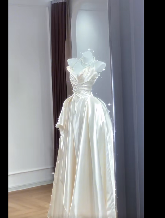 Vestido de novia atemporal, vestido de fiesta sin tirantes, satén blanco, elegante, DH898